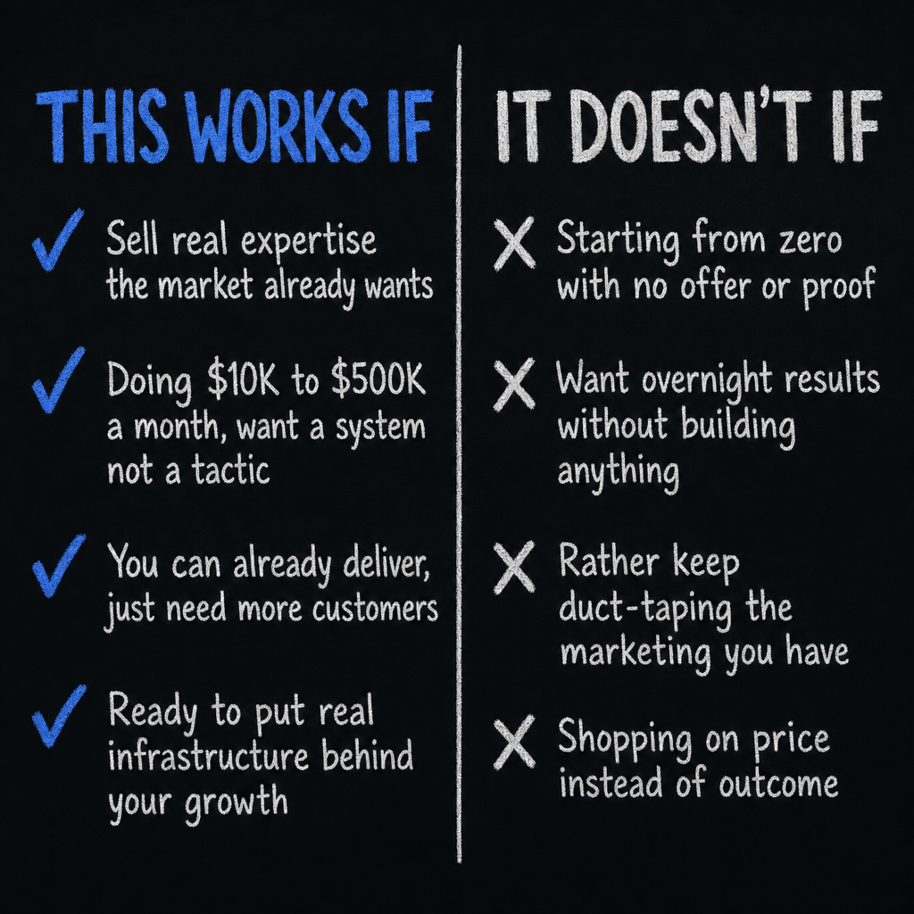 This works if: you have specialized knowledge and sell real expertise, a product, or a service the market already wants; you're doing $10K to $500K a month and want a system, not another tactic; you can already deliver and just need more of the right customers coming in; you're ready to put real infrastructure behind your growth. It doesn't if: you're starting from zero with no offer or proof yet; you want overnight results without building anything; you'd rather keep duct-taping the marketing you have; you're shopping on price instead of outcome.